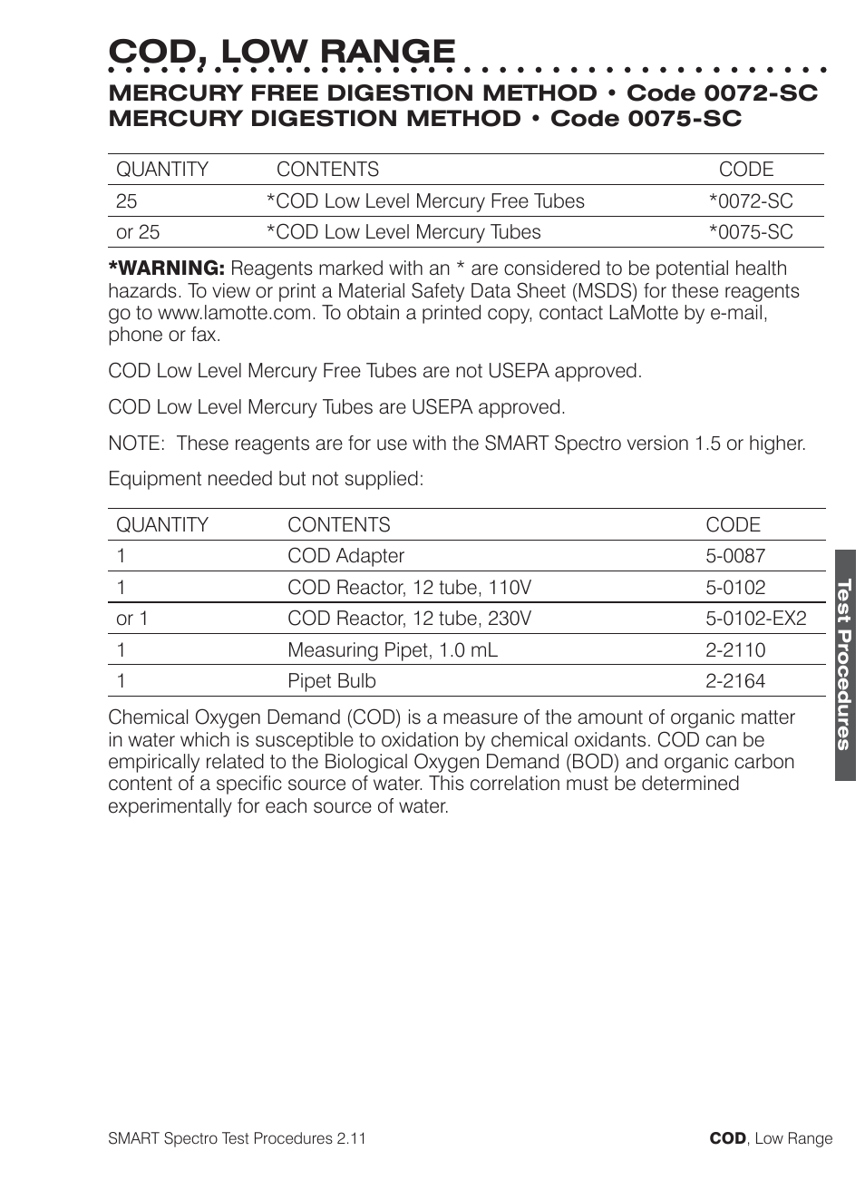 Cod, low range | LaMotte SMART Spectro Spectrophotometer User Manual | Page 120 / 261