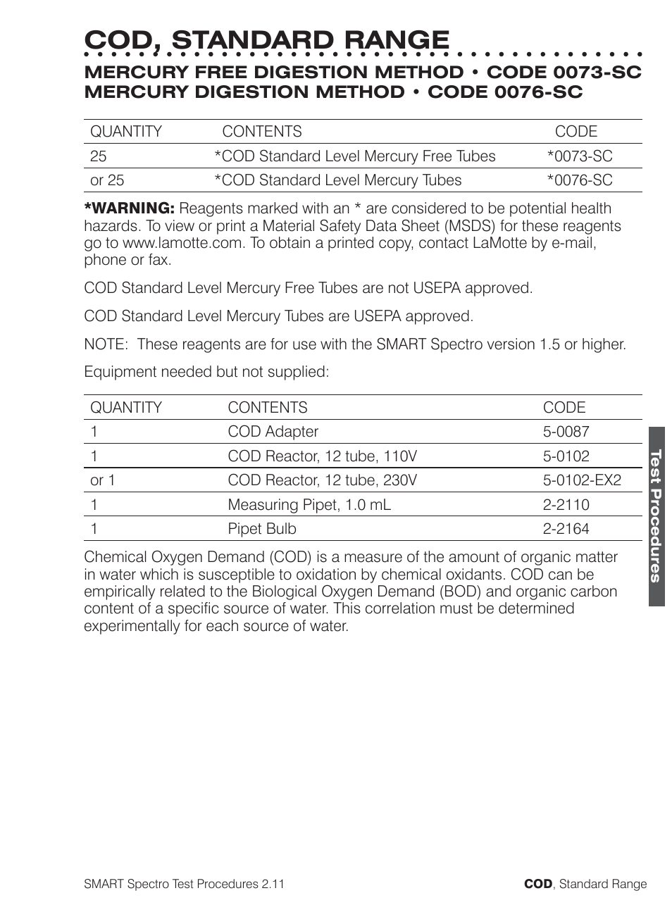Cod, standard range | LaMotte SMART Spectro Spectrophotometer User Manual | Page 124 / 261