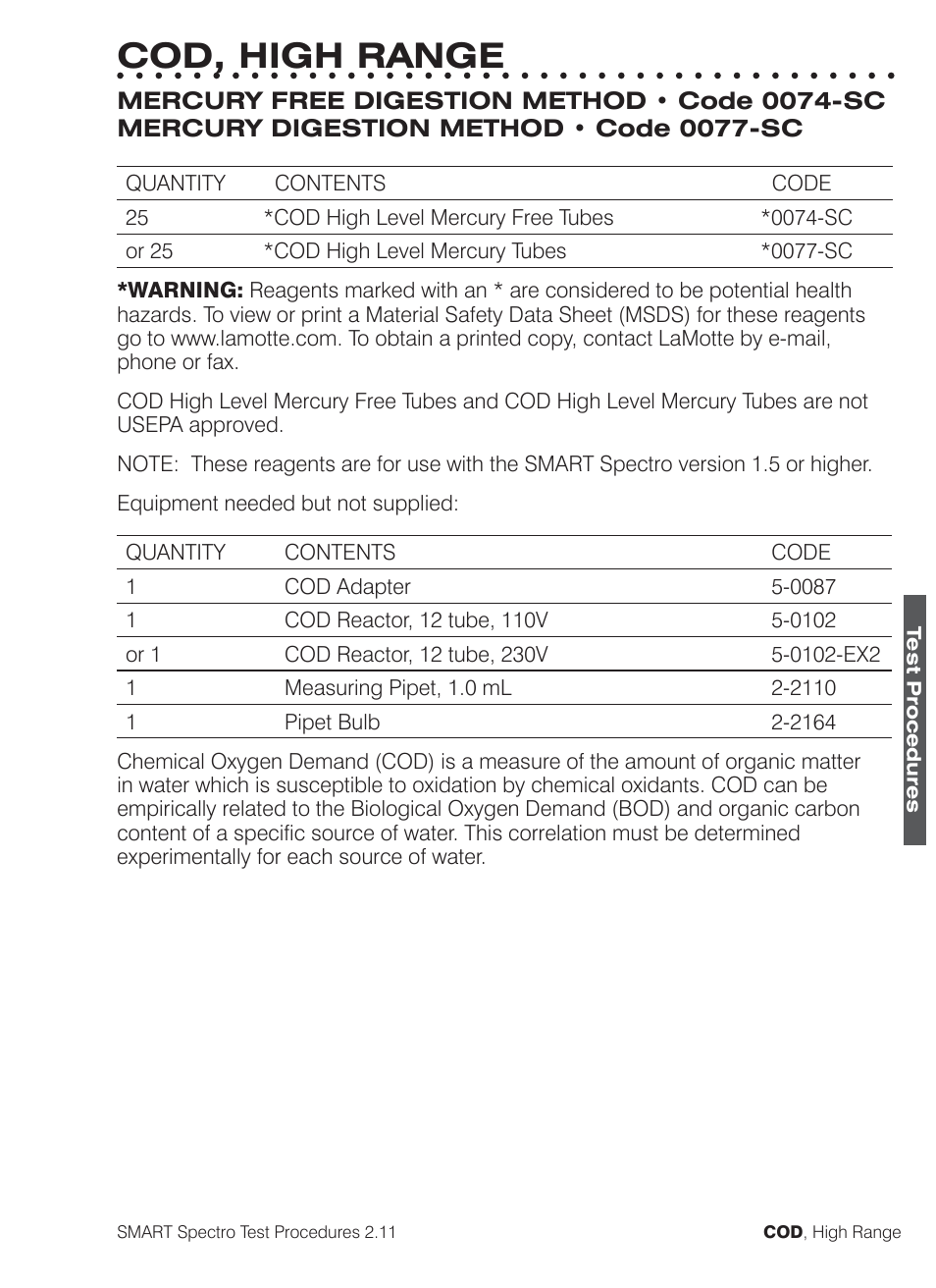 Cod, high range | LaMotte SMART Spectro Spectrophotometer User Manual | Page 128 / 261