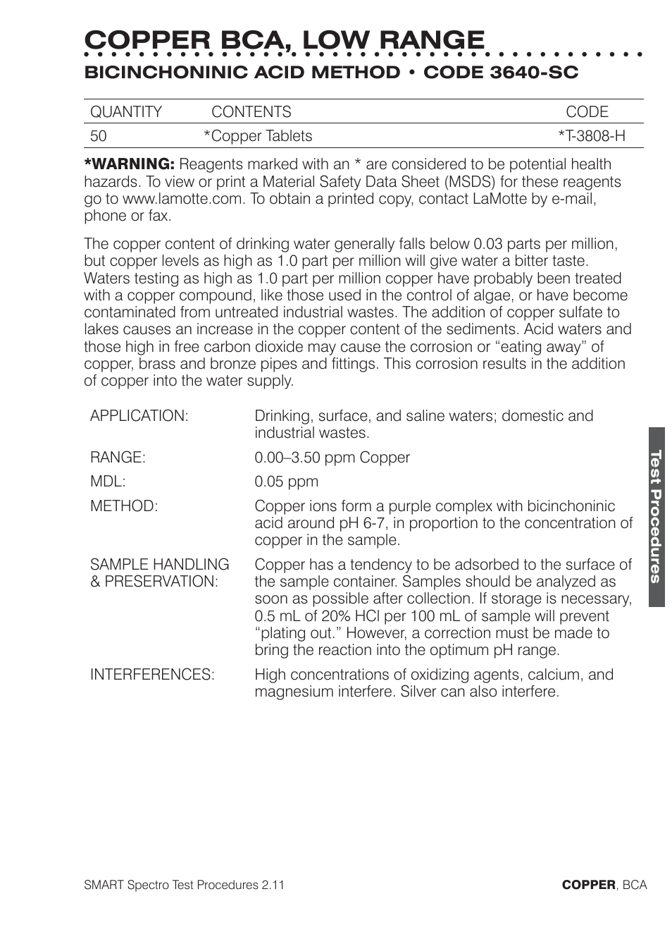 Copper bca, low range | LaMotte SMART Spectro Spectrophotometer User Manual | Page 134 / 261