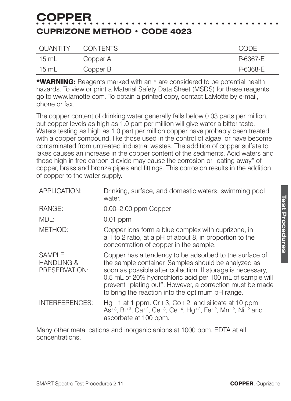 Copper | LaMotte SMART Spectro Spectrophotometer User Manual | Page 136 / 261