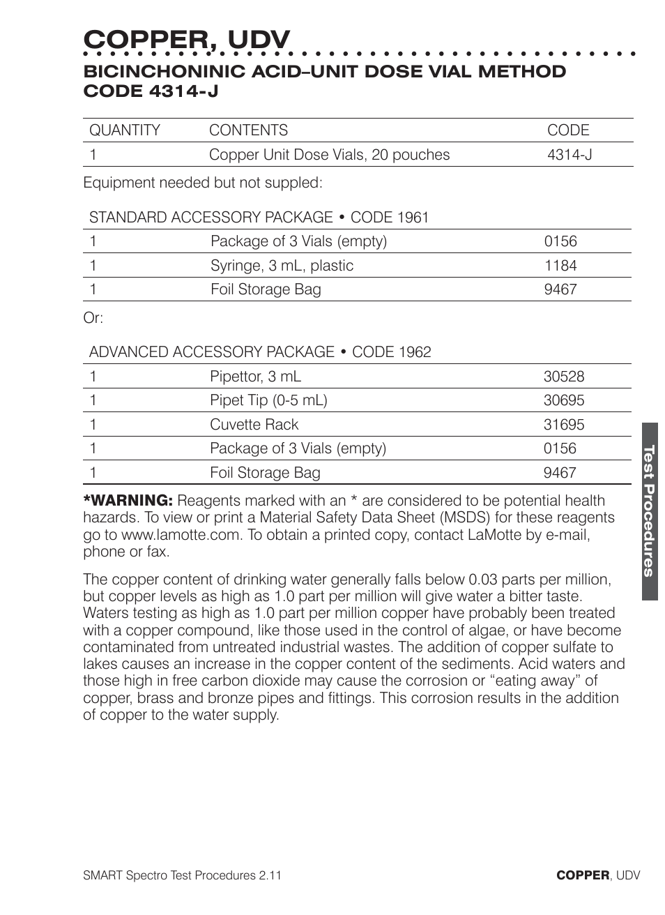 Copper, udv | LaMotte SMART Spectro Spectrophotometer User Manual | Page 140 / 261