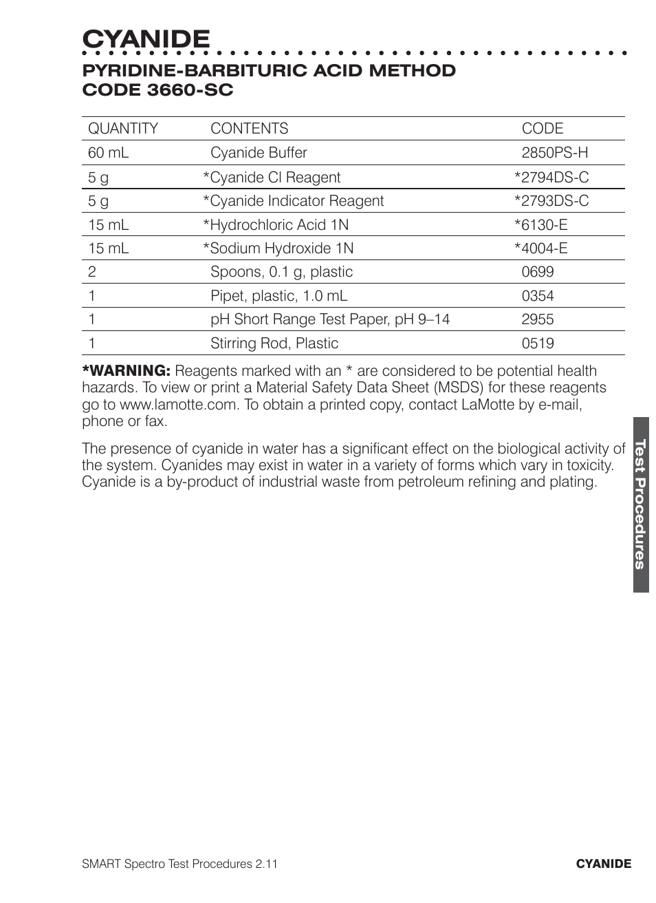 Cyanide | LaMotte SMART Spectro Spectrophotometer User Manual | Page 144 / 261