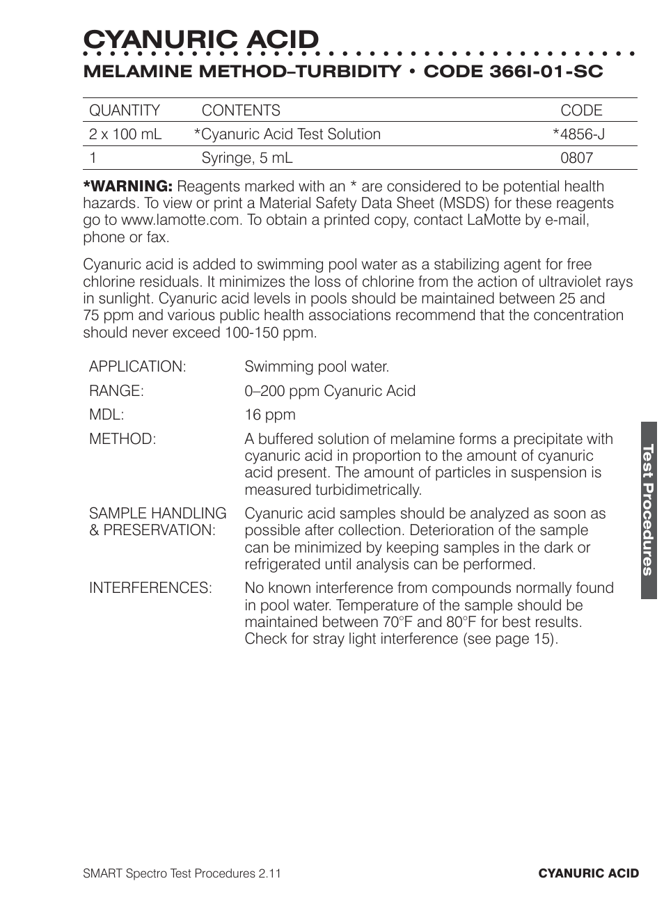 Cyanuric acid | LaMotte SMART Spectro Spectrophotometer User Manual | Page 148 / 261