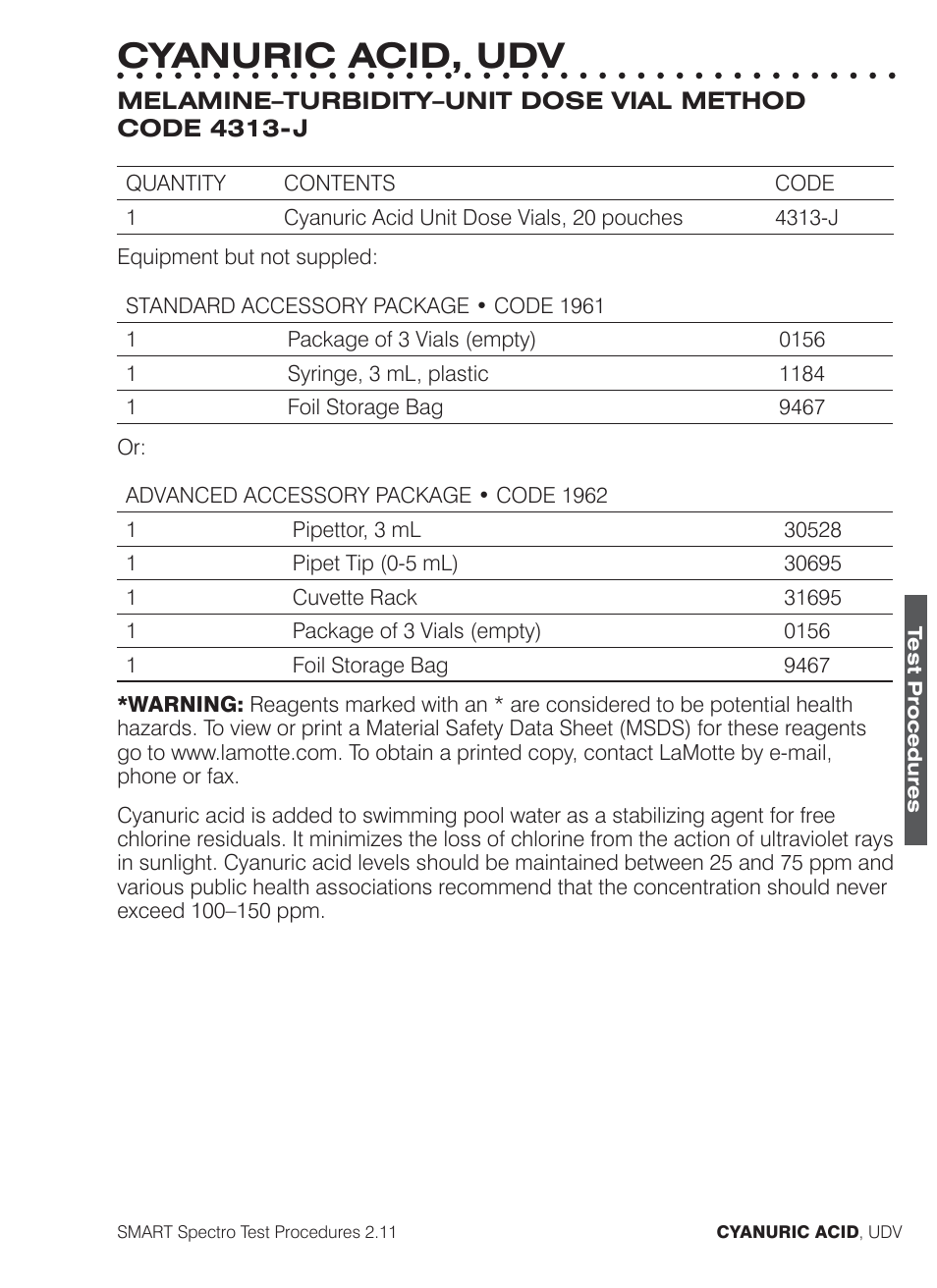 Cyanuric acid, udv | LaMotte SMART Spectro Spectrophotometer User Manual | Page 150 / 261