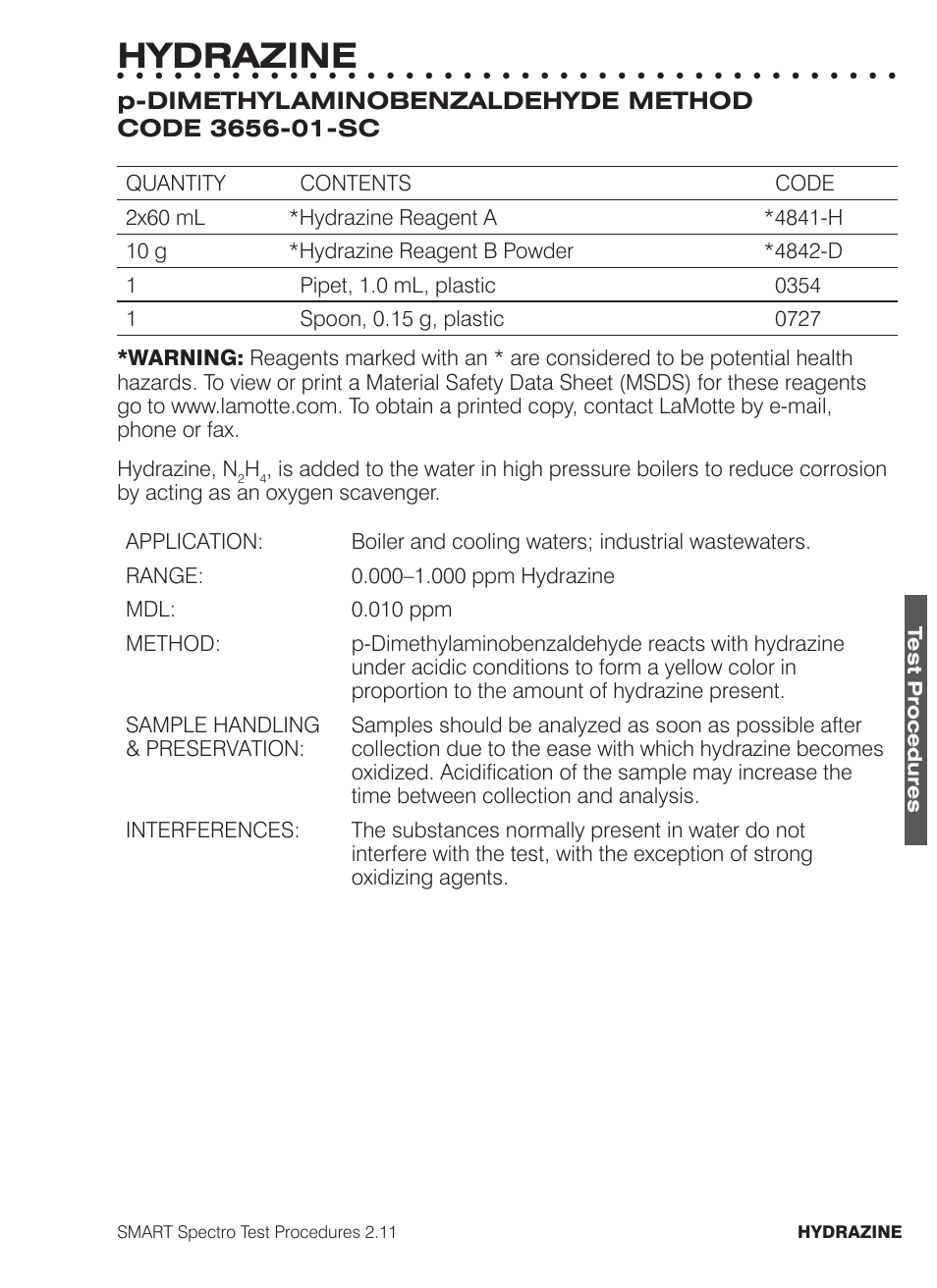 Hydrazine | LaMotte SMART Spectro Spectrophotometer User Manual | Page 162 / 261