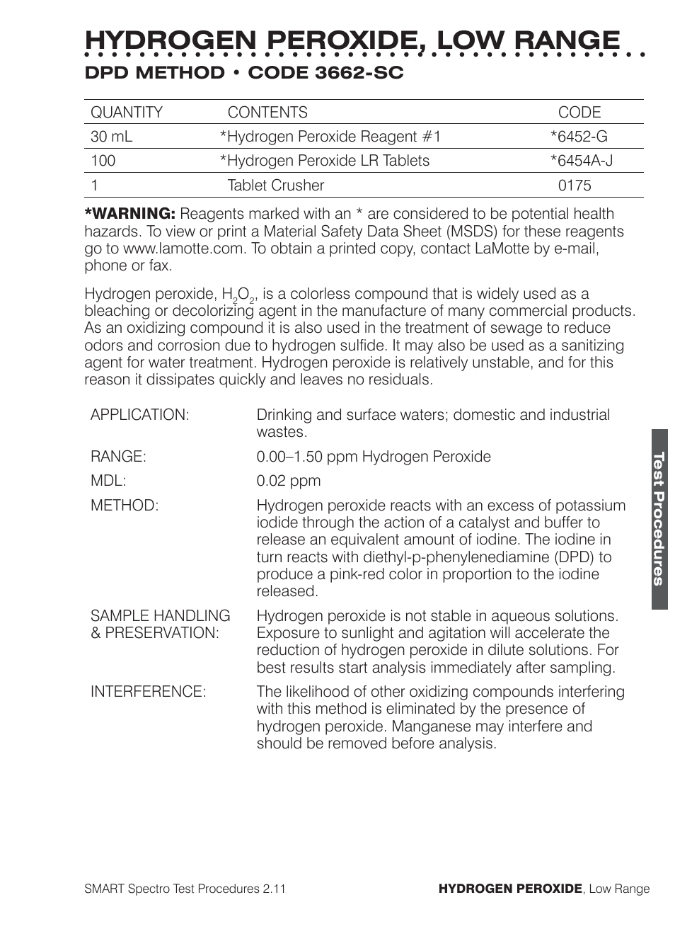 Hydrogen peroxide, low range | LaMotte SMART Spectro Spectrophotometer User Manual | Page 164 / 261