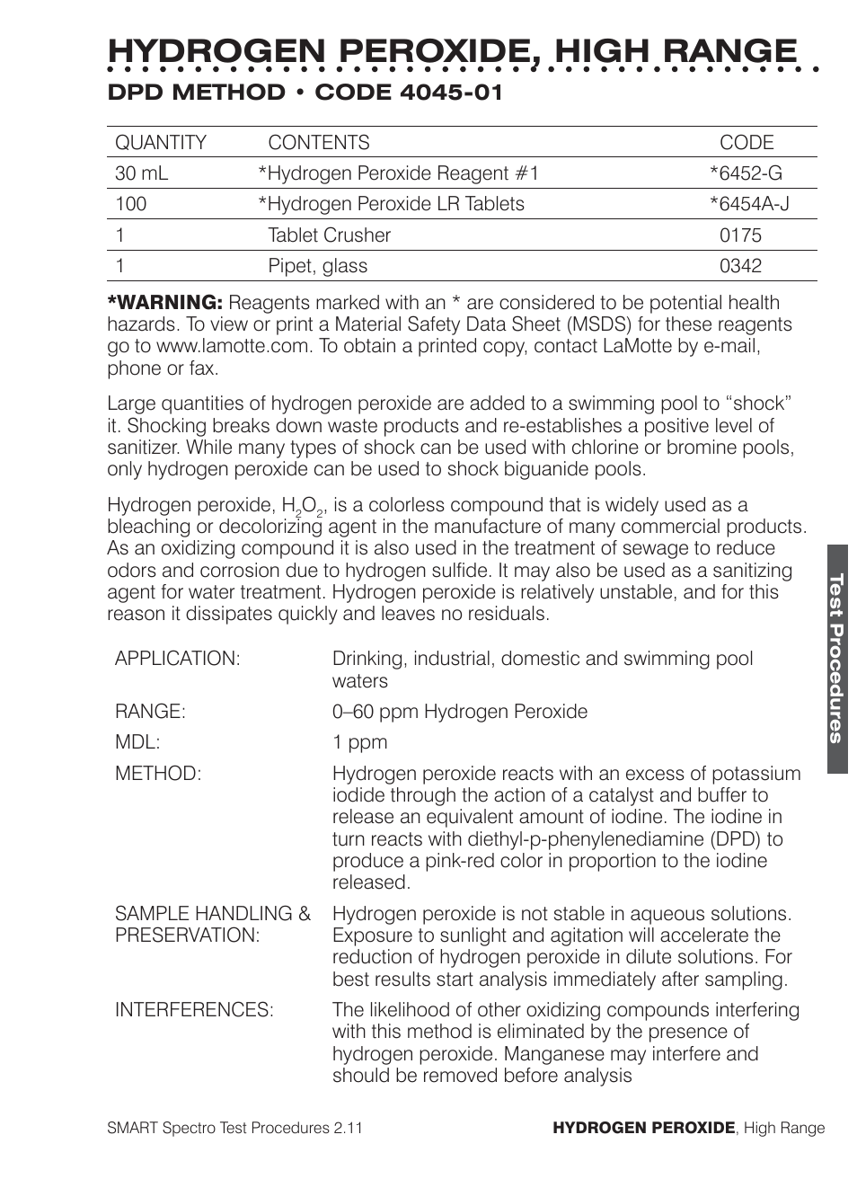 Hydrogen peroxide, high range | LaMotte SMART Spectro Spectrophotometer User Manual | Page 166 / 261