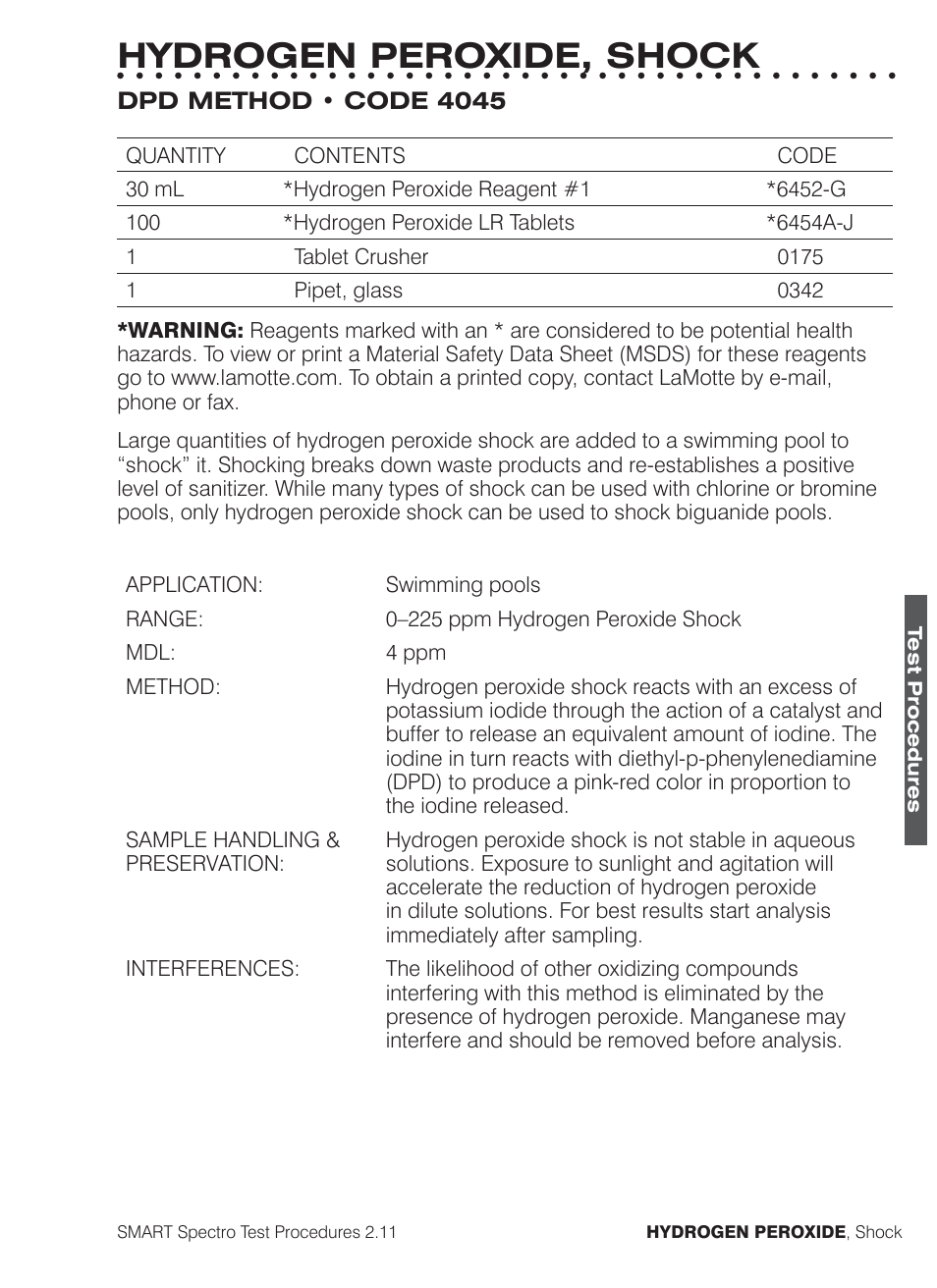 Hydrogen peroxide, shock | LaMotte SMART Spectro Spectrophotometer User Manual | Page 168 / 261