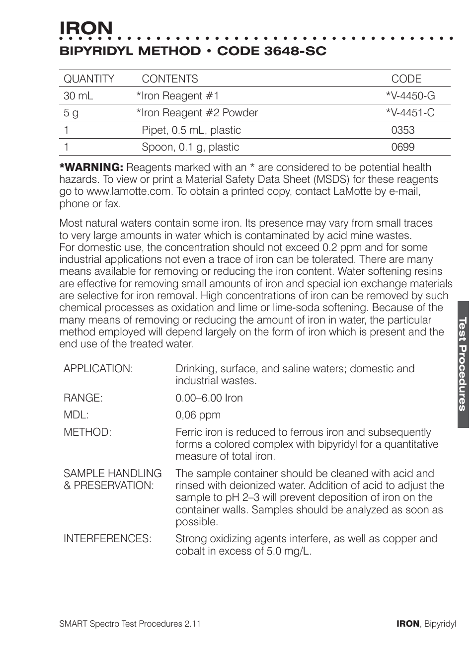 Iron | LaMotte SMART Spectro Spectrophotometer User Manual | Page 170 / 261