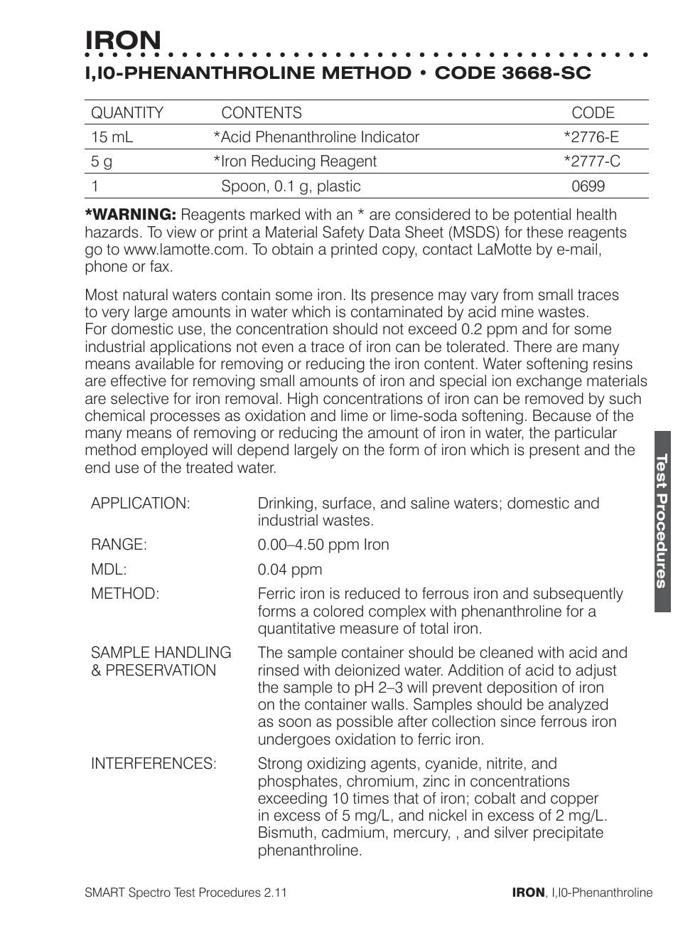 Iron | LaMotte SMART Spectro Spectrophotometer User Manual | Page 172 / 261