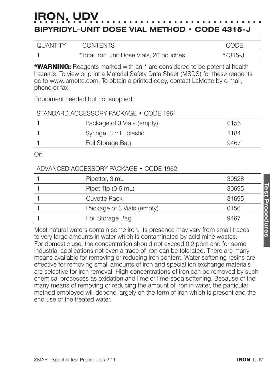 Iron, udv | LaMotte SMART Spectro Spectrophotometer User Manual | Page 174 / 261