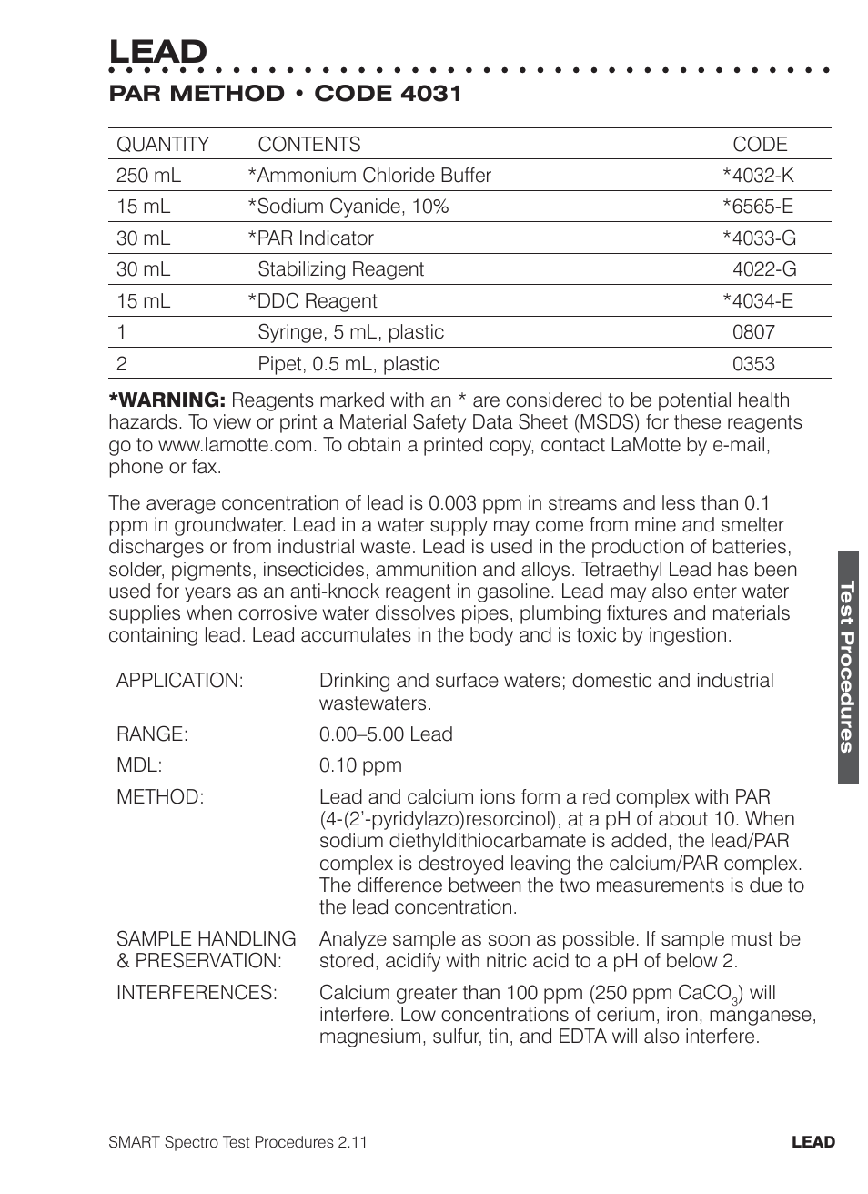 Lead | LaMotte SMART Spectro Spectrophotometer User Manual | Page 178 / 261