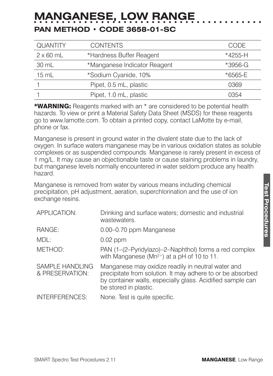 Manganese, low range | LaMotte SMART Spectro Spectrophotometer User Manual | Page 180 / 261