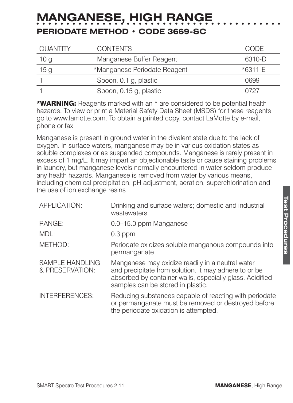 Manganese, high range | LaMotte SMART Spectro Spectrophotometer User Manual | Page 182 / 261