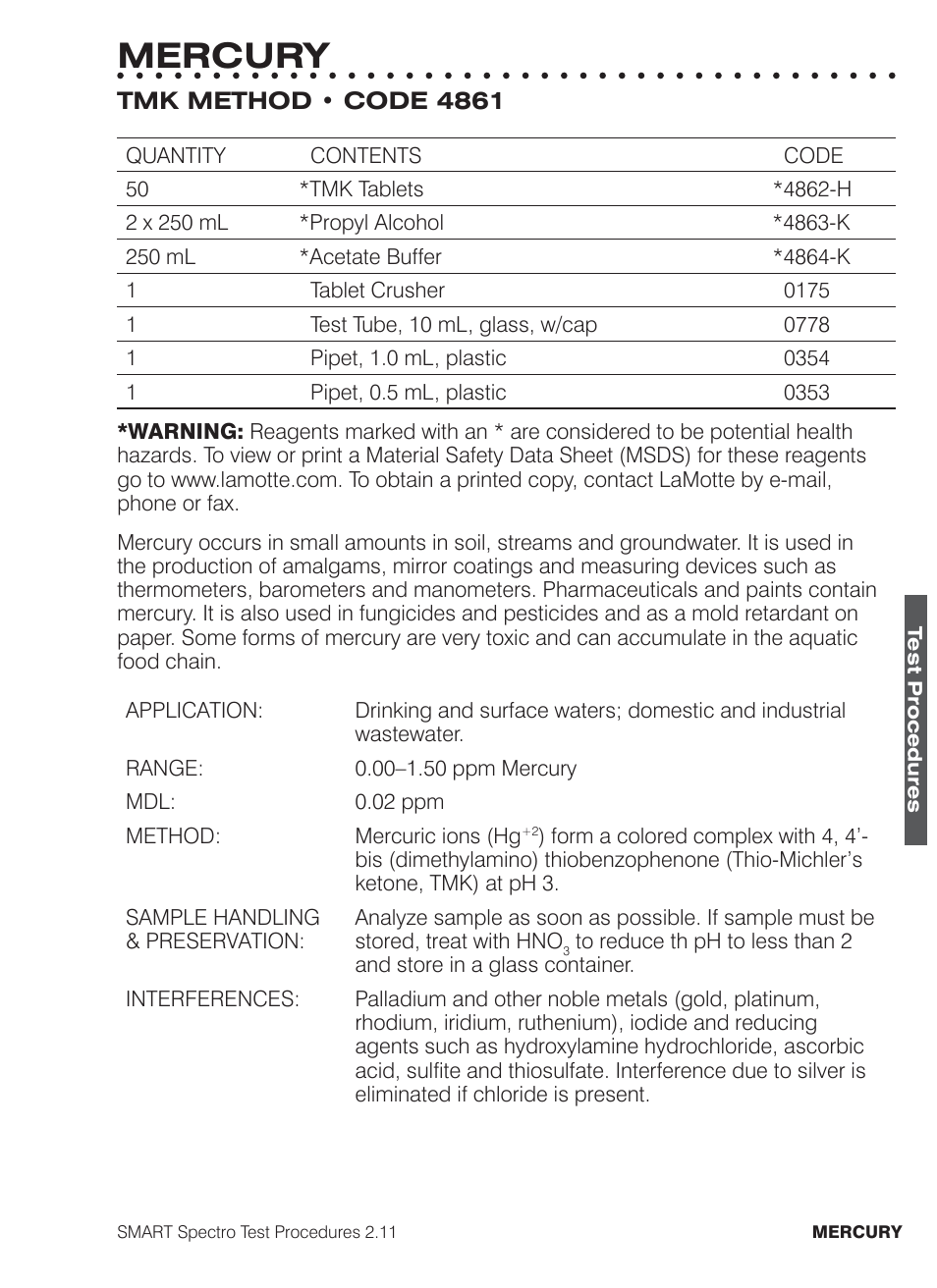 Mercury | LaMotte SMART Spectro Spectrophotometer User Manual | Page 184 / 261