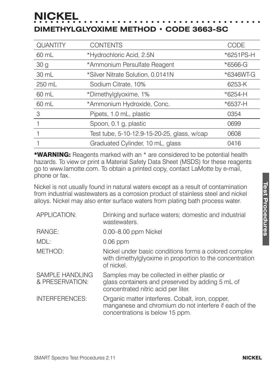 Nickel | LaMotte SMART Spectro Spectrophotometer User Manual | Page 188 / 261