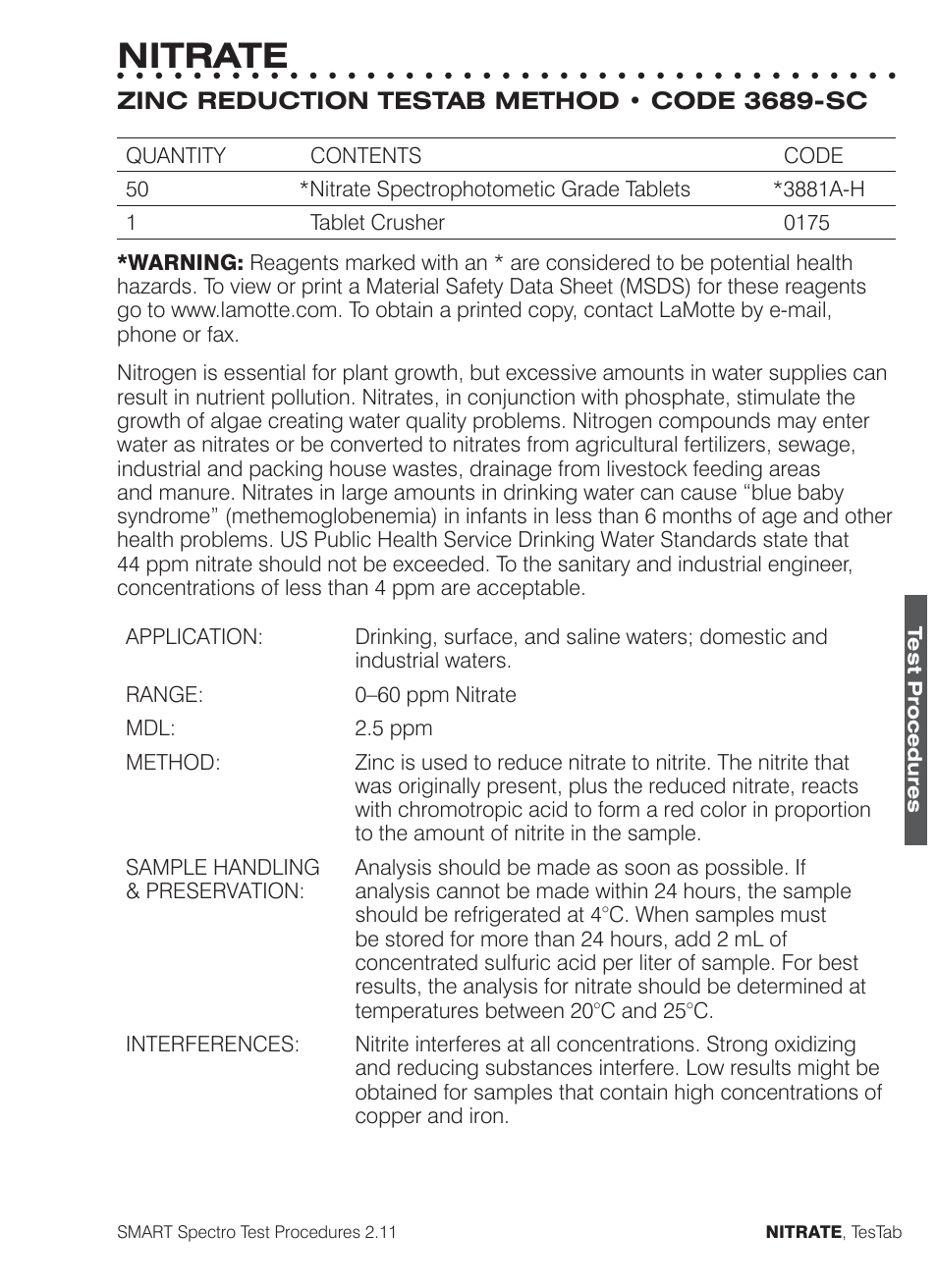 Nitrate | LaMotte SMART Spectro Spectrophotometer User Manual | Page 190 / 261