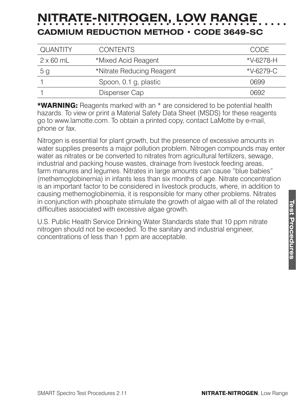 Nitrate-nitrogen, low range | LaMotte SMART Spectro Spectrophotometer User Manual | Page 192 / 261