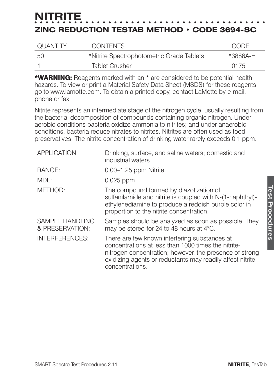 Nitrite | LaMotte SMART Spectro Spectrophotometer User Manual | Page 196 / 261