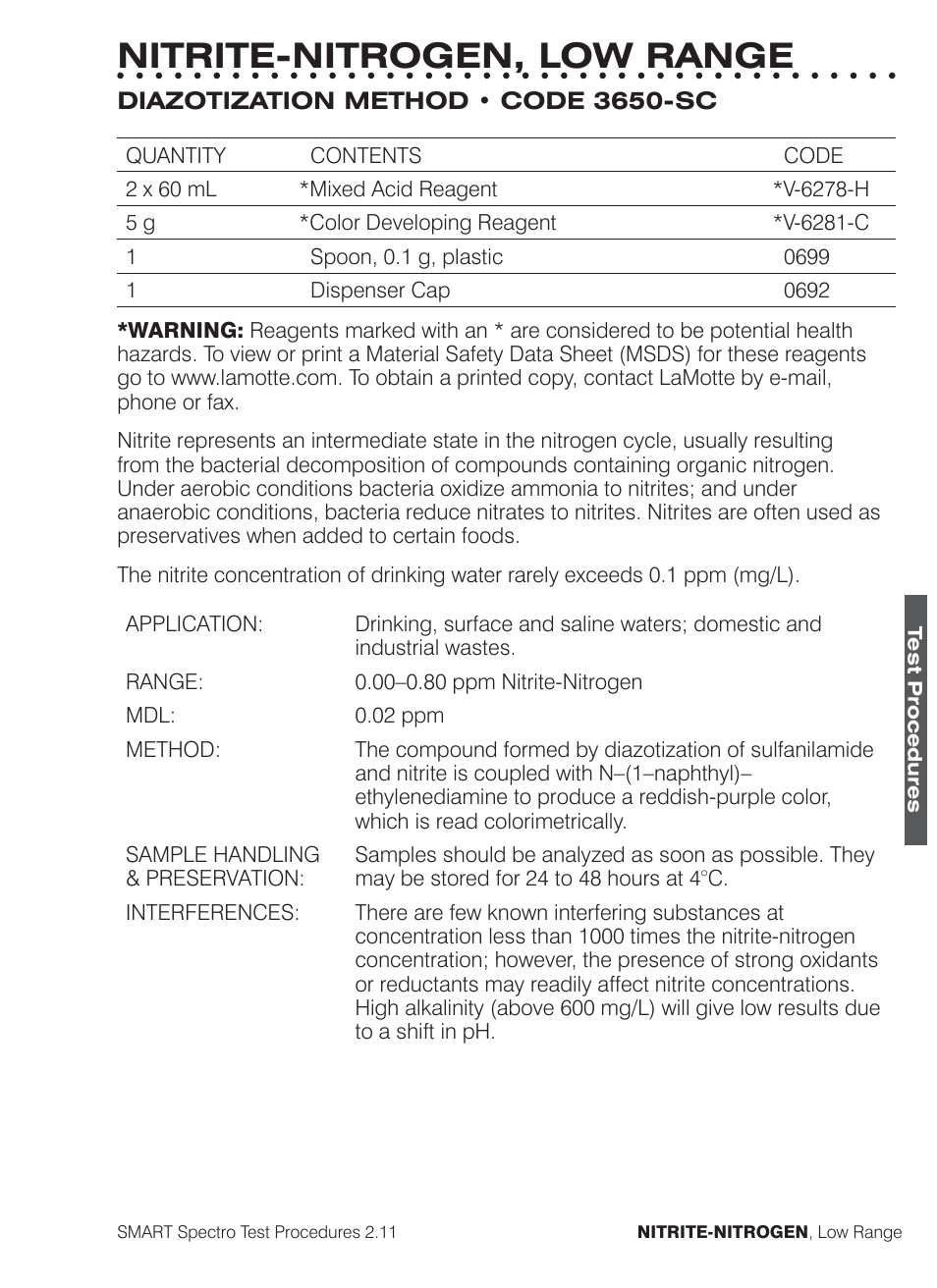 Nitrite-nitrogen, low range | LaMotte SMART Spectro Spectrophotometer User Manual | Page 198 / 261