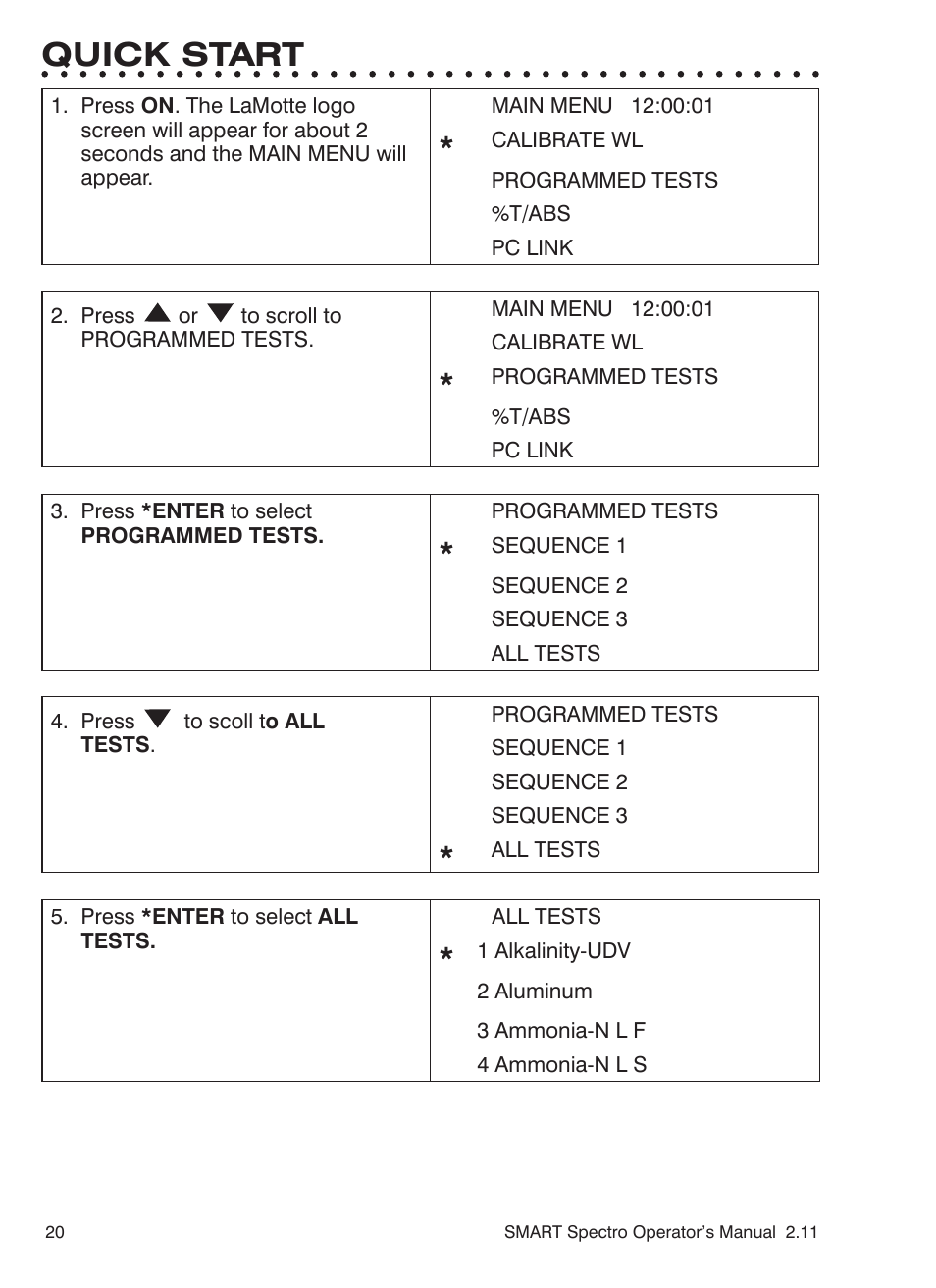 Quick start | LaMotte SMART Spectro Spectrophotometer User Manual | Page 20 / 261