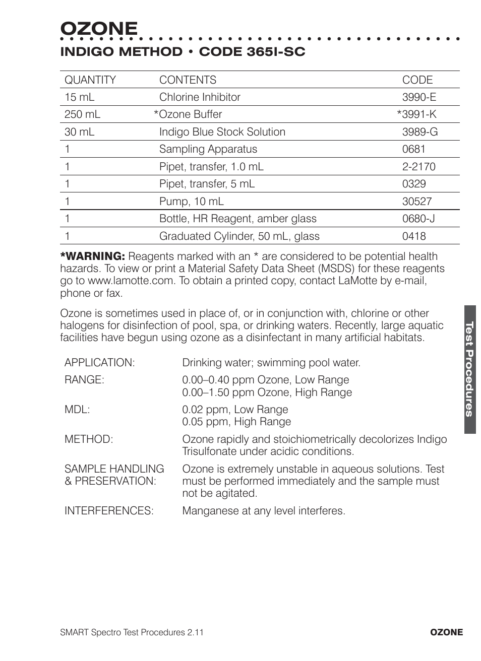 Ozone | LaMotte SMART Spectro Spectrophotometer User Manual | Page 210 / 261