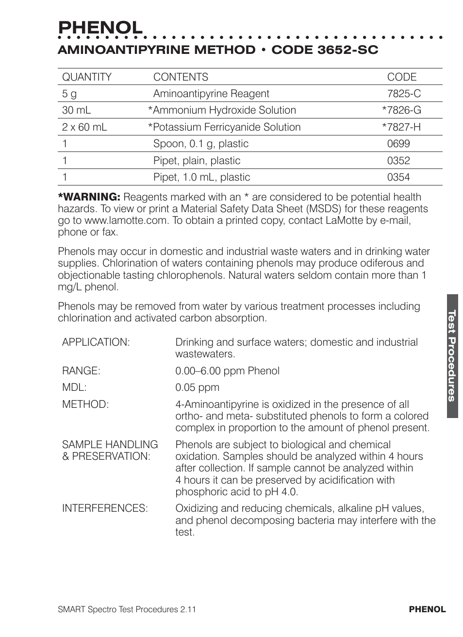 Phenol | LaMotte SMART Spectro Spectrophotometer User Manual | Page 218 / 261