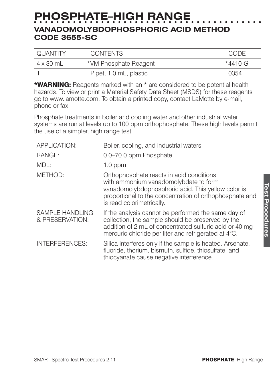 Phosphate–high range | LaMotte SMART Spectro Spectrophotometer User Manual | Page 224 / 261