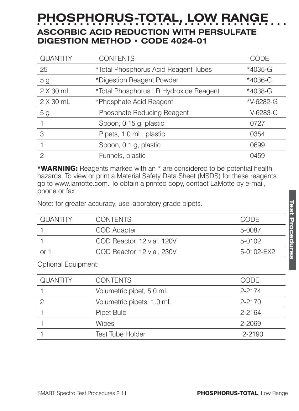 Phosphorus-total, low range | LaMotte SMART Spectro Spectrophotometer User Manual | Page 226 / 261