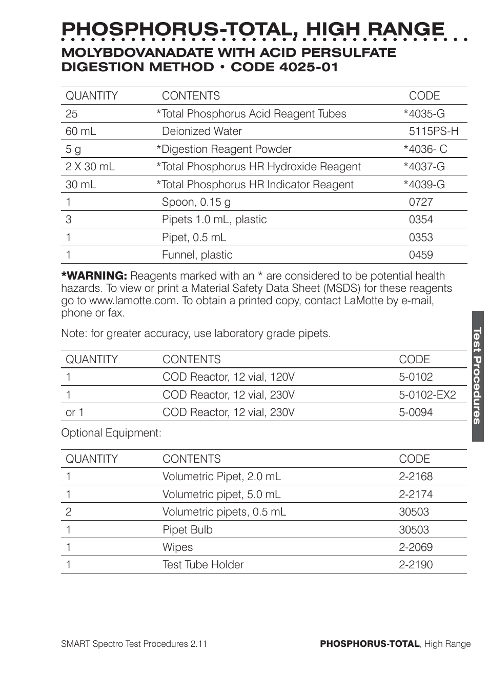 Phosphorus-total, high range | LaMotte SMART Spectro Spectrophotometer User Manual | Page 230 / 261