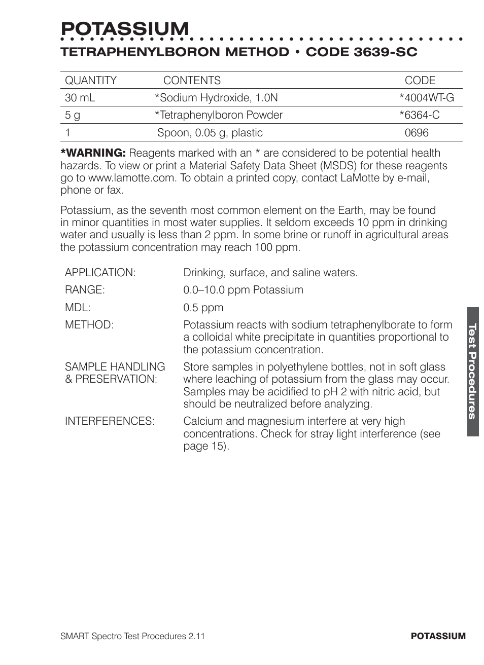 Potassium | LaMotte SMART Spectro Spectrophotometer User Manual | Page 234 / 261