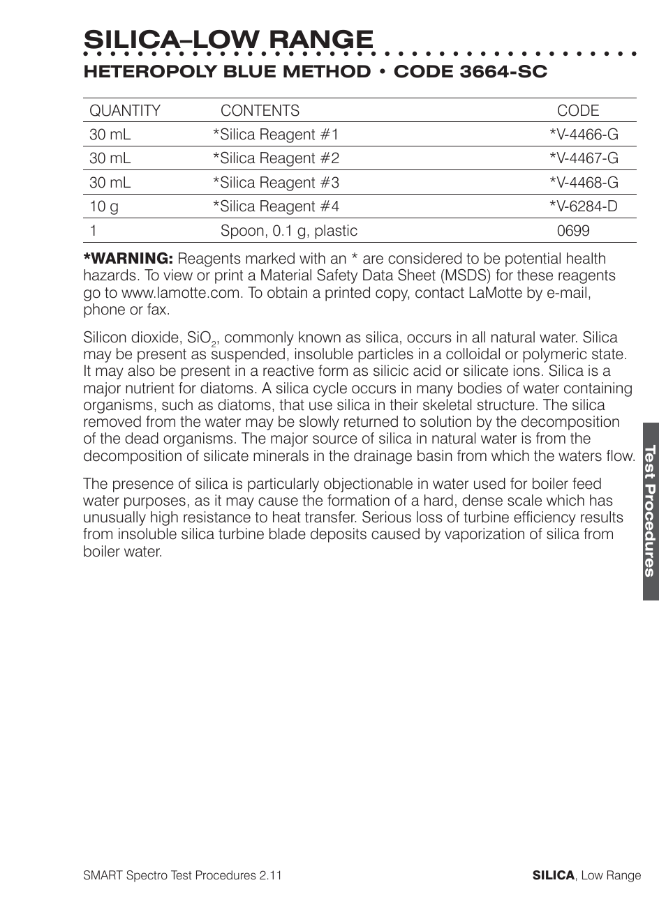 Silica–low range | LaMotte SMART Spectro Spectrophotometer User Manual | Page 236 / 261