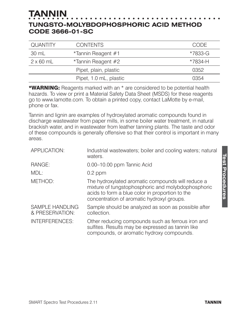 Tannin | LaMotte SMART Spectro Spectrophotometer User Manual | Page 252 / 261