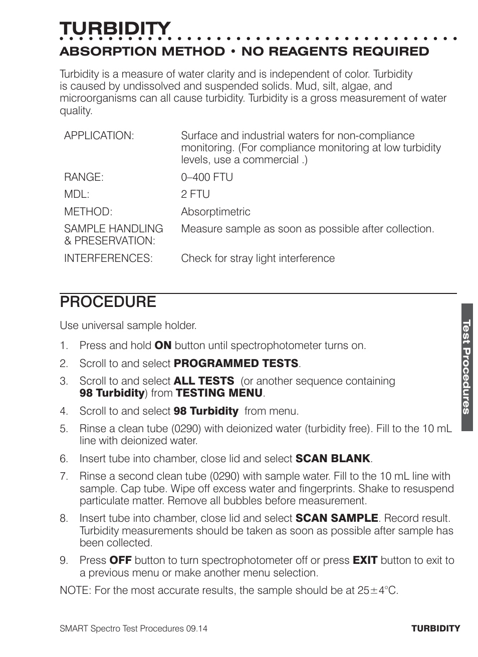 Turbidity, Procedure | LaMotte SMART Spectro Spectrophotometer User Manual | Page 254 / 261