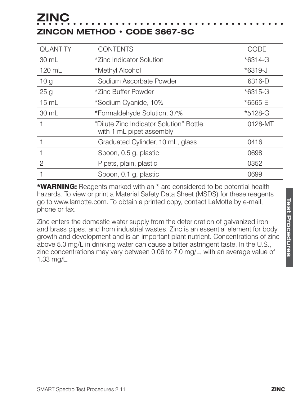 Zinc | LaMotte SMART Spectro Spectrophotometer User Manual | Page 256 / 261