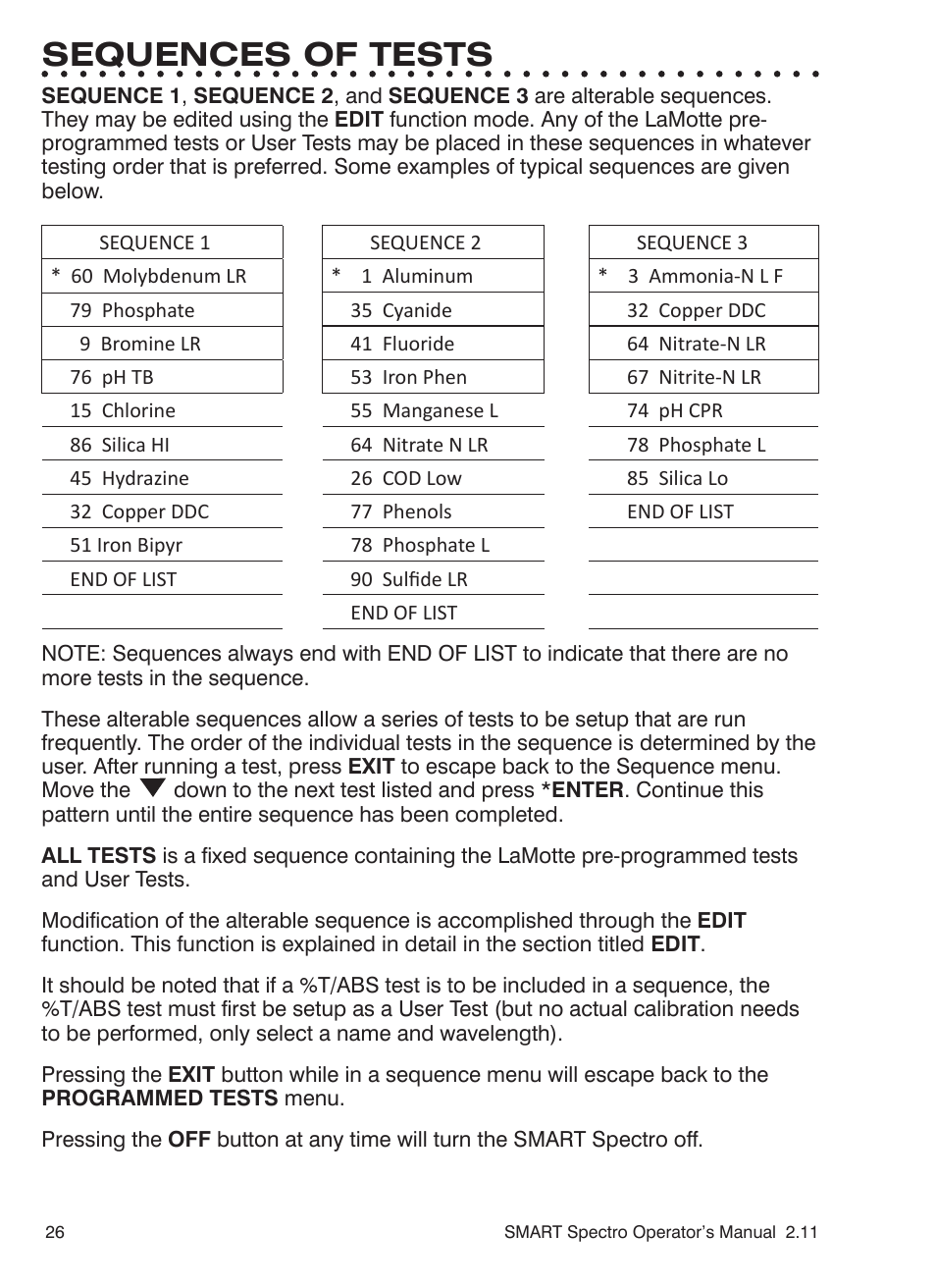 Sequences of tests | LaMotte SMART Spectro Spectrophotometer User Manual | Page 26 / 261