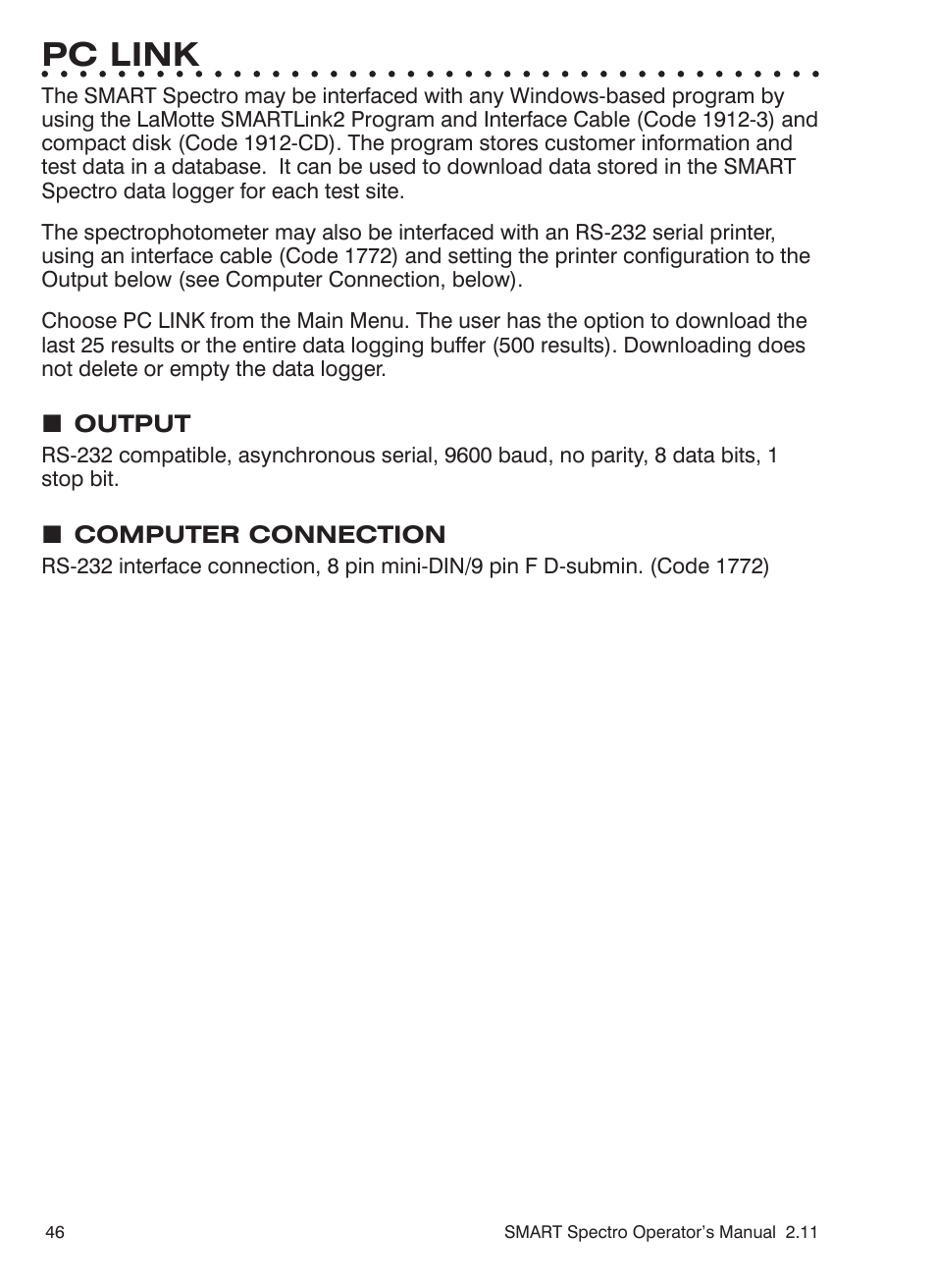 Pc link | LaMotte SMART Spectro Spectrophotometer User Manual | Page 46 / 261