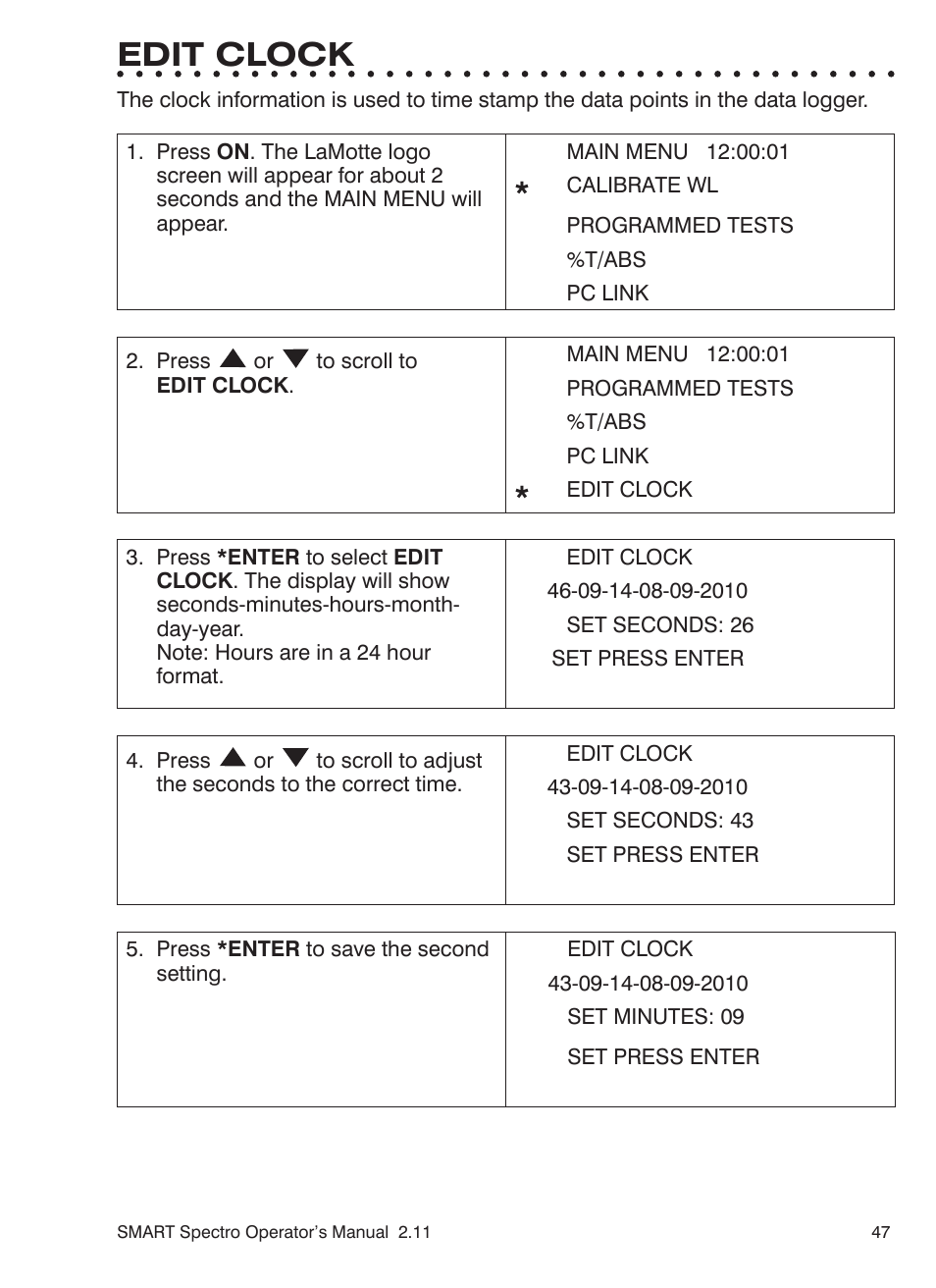 Edit clock | LaMotte SMART Spectro Spectrophotometer User Manual | Page 47 / 261