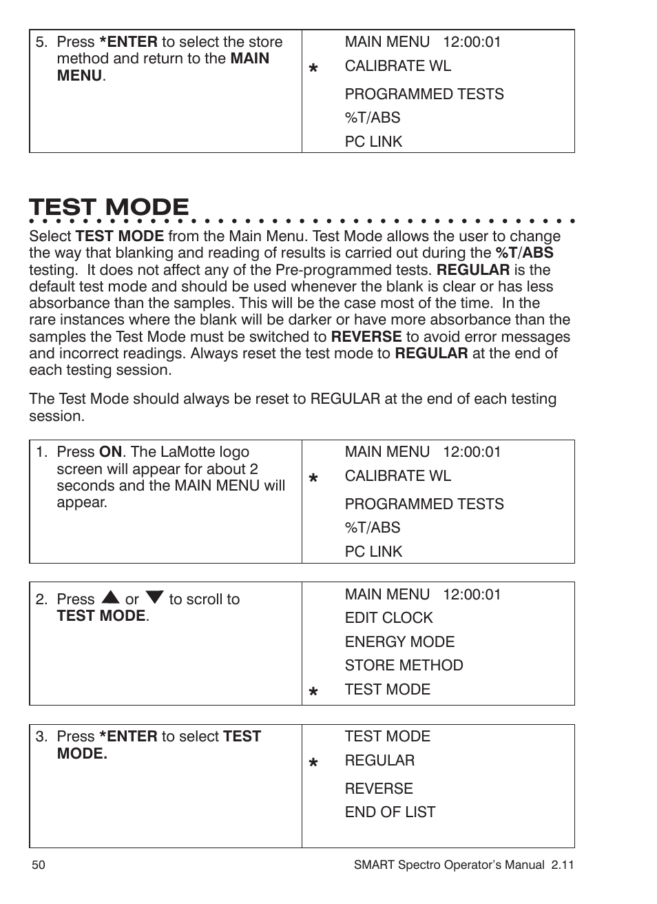 Test mode | LaMotte SMART Spectro Spectrophotometer User Manual | Page 50 / 261