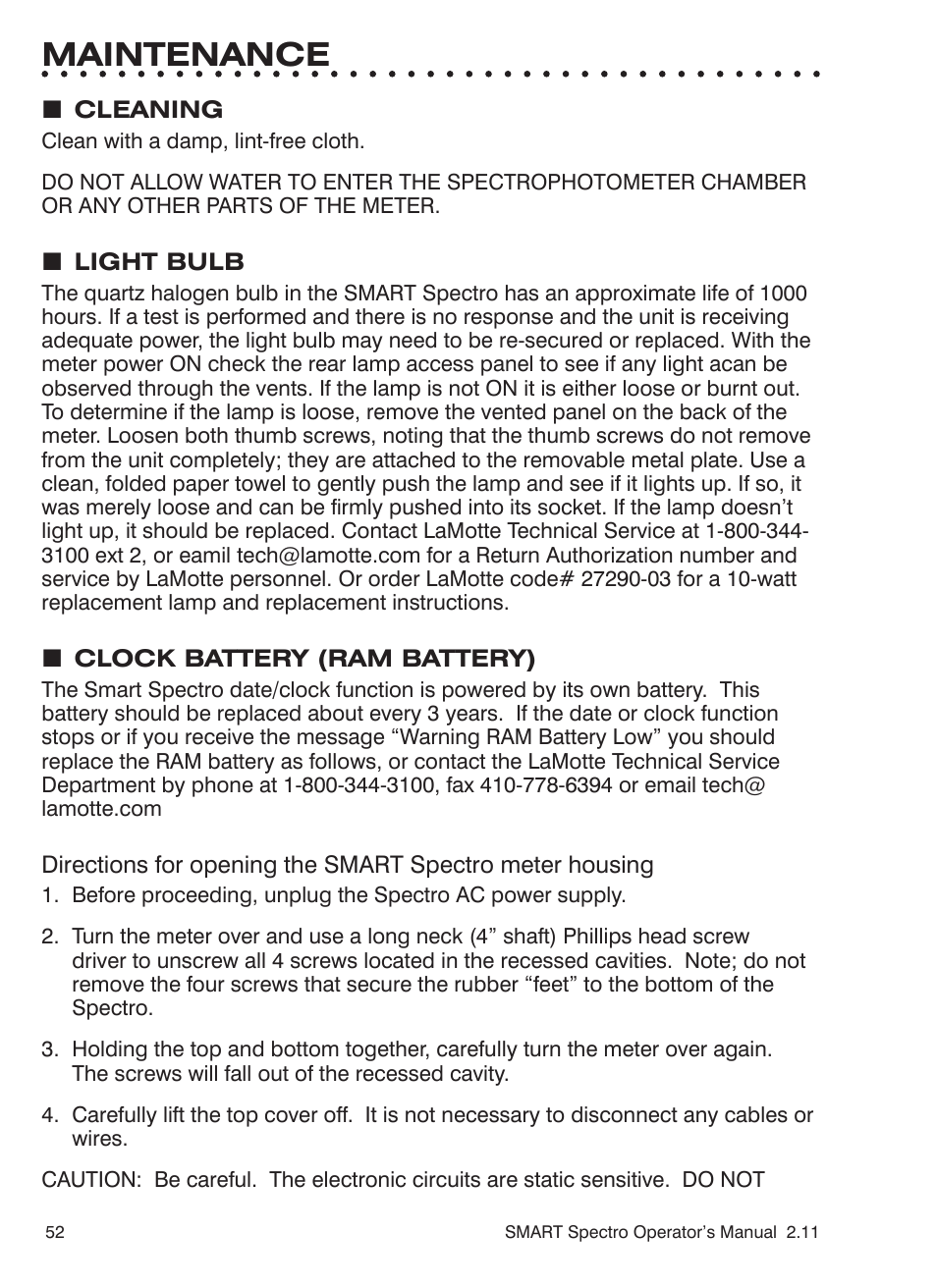 Maintenance | LaMotte SMART Spectro Spectrophotometer User Manual | Page 52 / 261