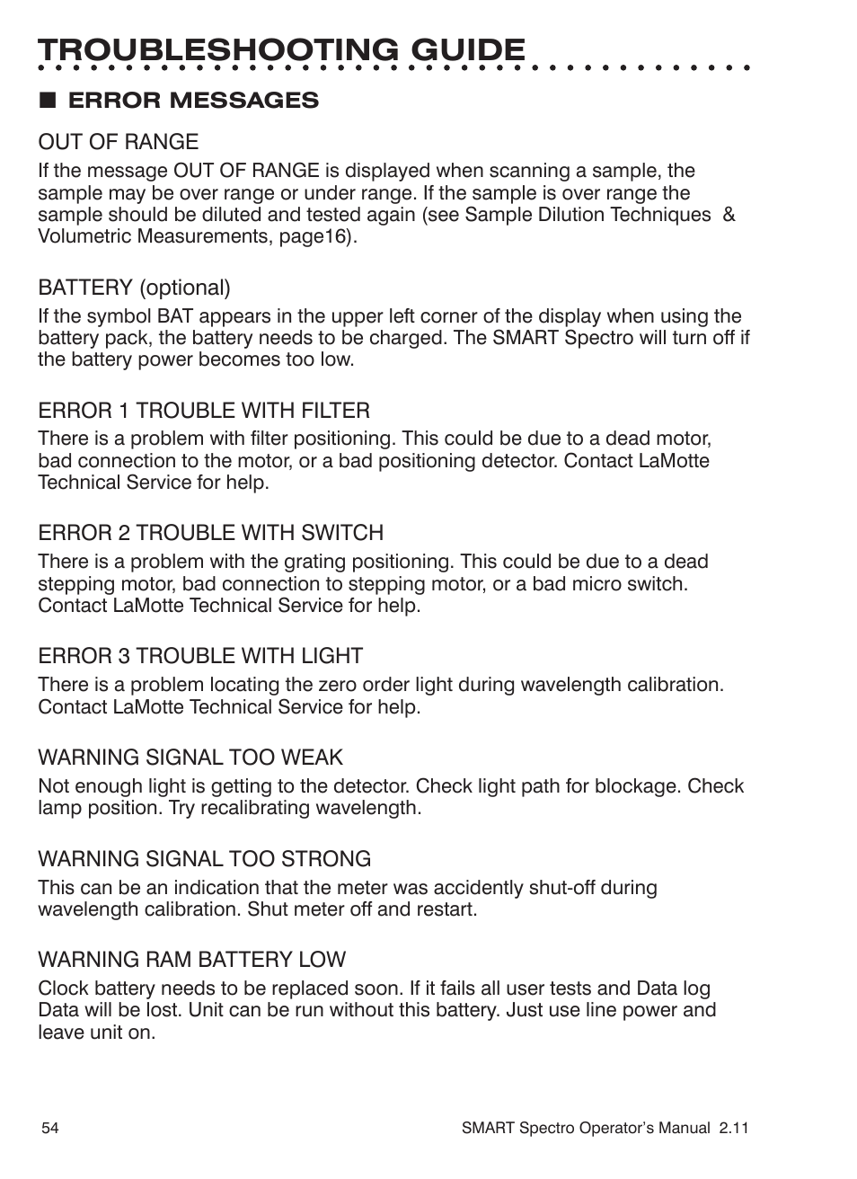 Troubleshooting guide | LaMotte SMART Spectro Spectrophotometer User Manual | Page 54 / 261