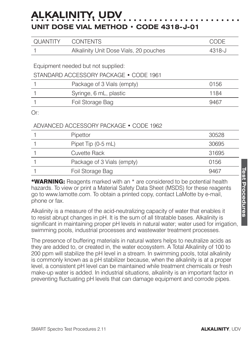 Alkalinity, udv | LaMotte SMART Spectro Spectrophotometer User Manual | Page 60 / 261