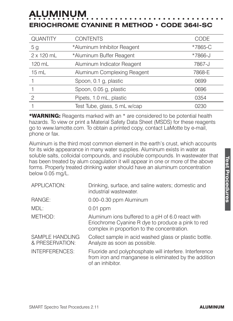 Aluminum | LaMotte SMART Spectro Spectrophotometer User Manual | Page 64 / 261