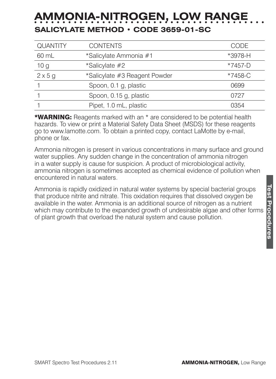 Ammonia-nitrogen, low range | LaMotte SMART Spectro Spectrophotometer User Manual | Page 66 / 261
