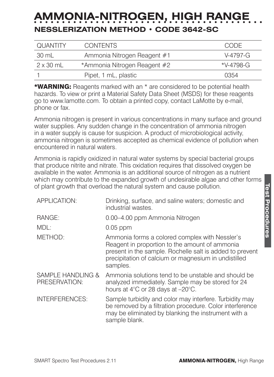 Ammonia-nitrogen, high range | LaMotte SMART Spectro Spectrophotometer User Manual | Page 72 / 261