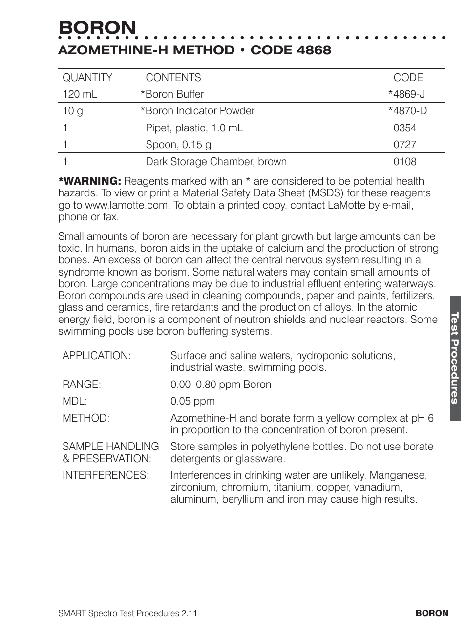 Boron | LaMotte SMART Spectro Spectrophotometer User Manual | Page 76 / 261
