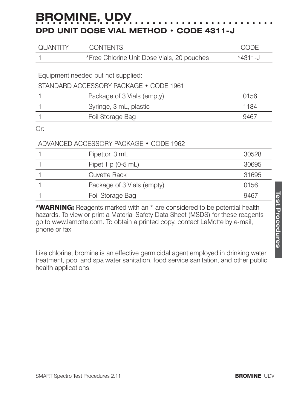 Bromine, udv | LaMotte SMART Spectro Spectrophotometer User Manual | Page 78 / 261