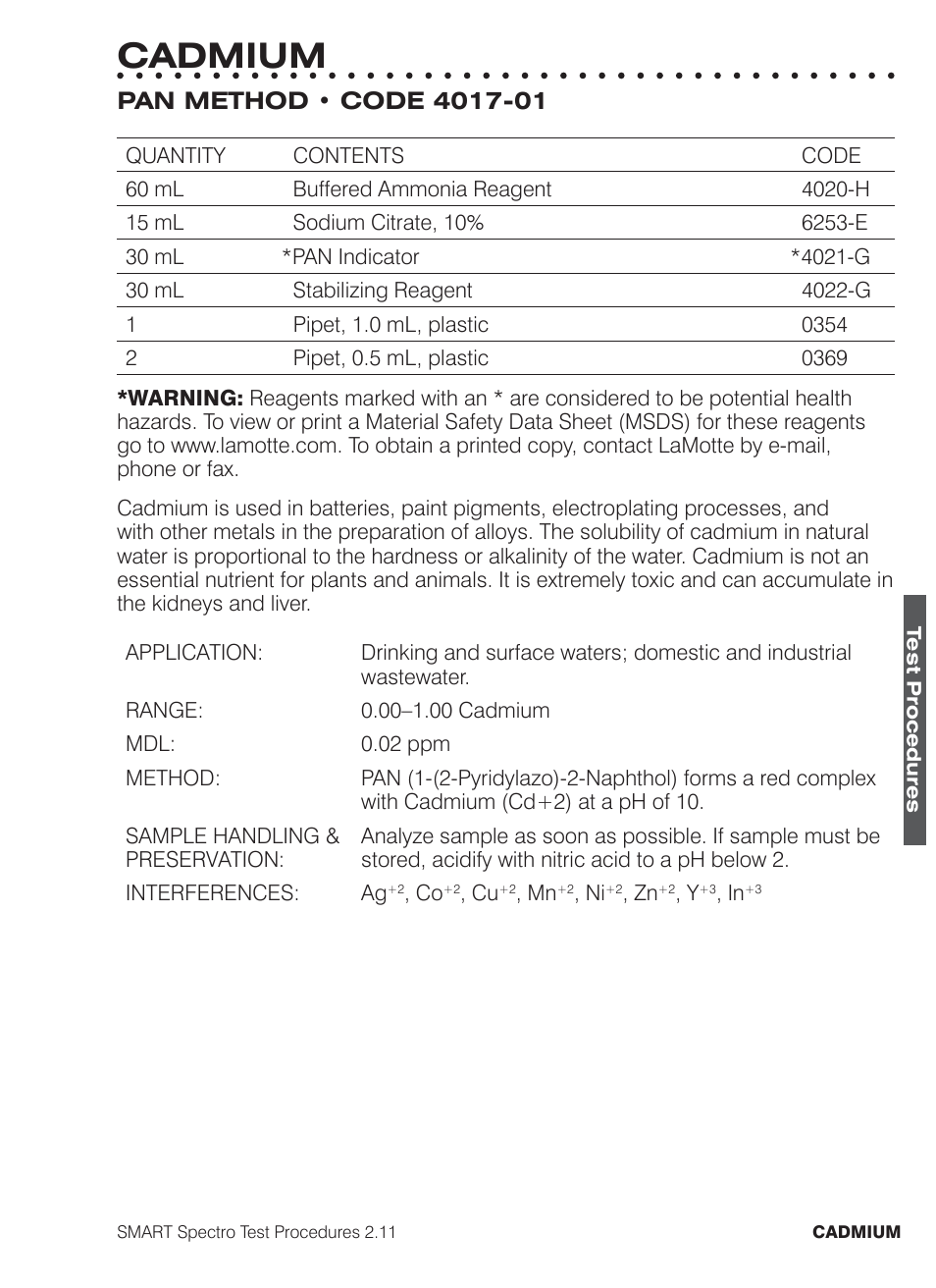 Cadmium | LaMotte SMART Spectro Spectrophotometer User Manual | Page 82 / 261