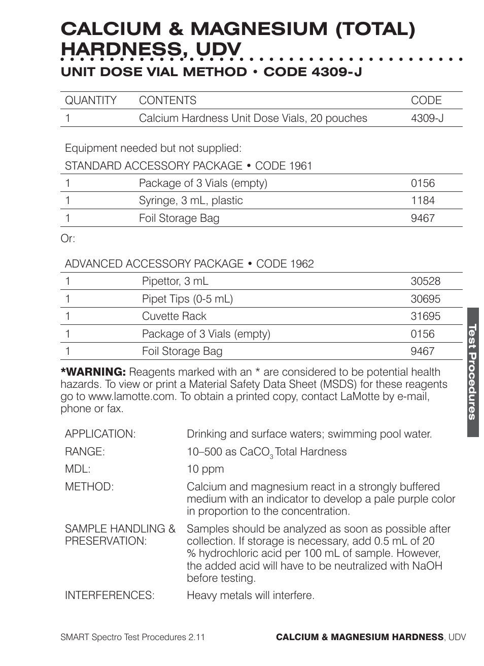 Calcium & magnesium (total) hardness, udv | LaMotte SMART Spectro Spectrophotometer User Manual | Page 84 / 261